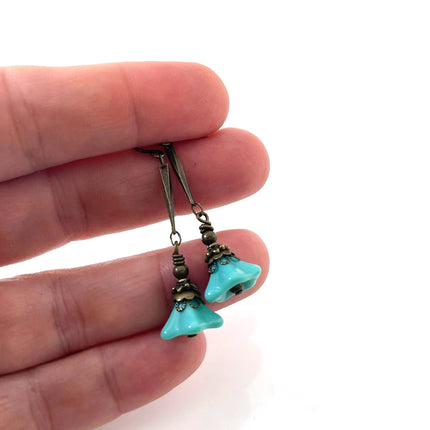 Czech Glass Turquoise Flower Earrings – Brass Dangle Earrings, 1.75"