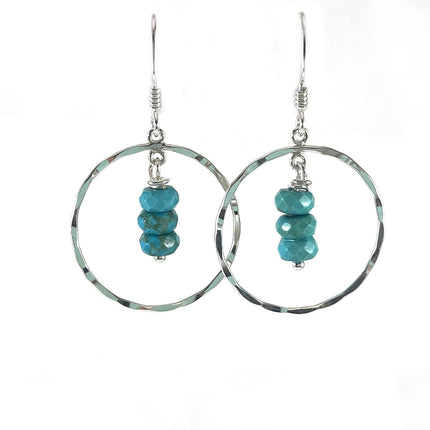 Hammered Sterling Silver Circle Earrings with Turquoise Trio – Handmade, 1” Dangle