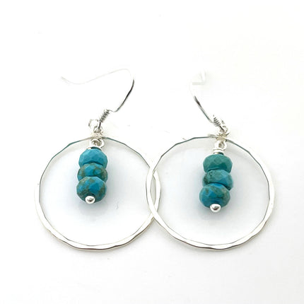 Hammered Sterling Silver Circle Earrings with Turquoise Trio – Handmade, 1” Dangle