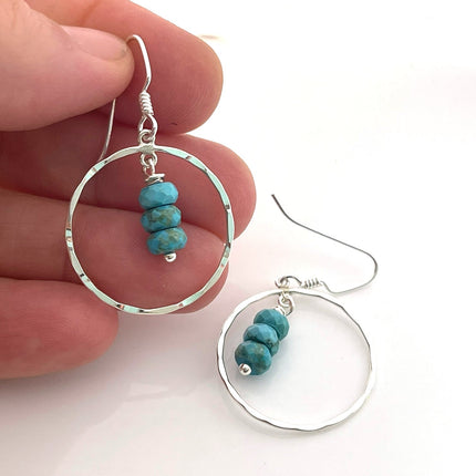 Hammered Sterling Silver Circle Earrings with Turquoise Trio – Handmade, 1” Dangle