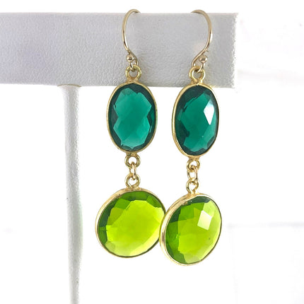 Green Envy Earrings – Peridot & Emerald Hydro Quartz, 14k Gold Fill, Handmade (2”)