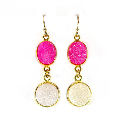 Hot Pink & White Druzy Double Drop Earrings – 14k Gold Filled, 1.5”