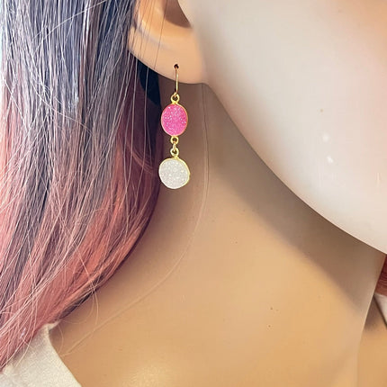 Hot Pink & White Druzy Double Drop Earrings – 14k Gold Filled, 1.5”