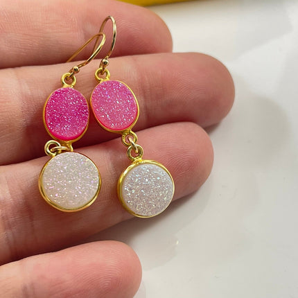Hot Pink & White Druzy Double Drop Earrings – 14k Gold Filled, 1.5”