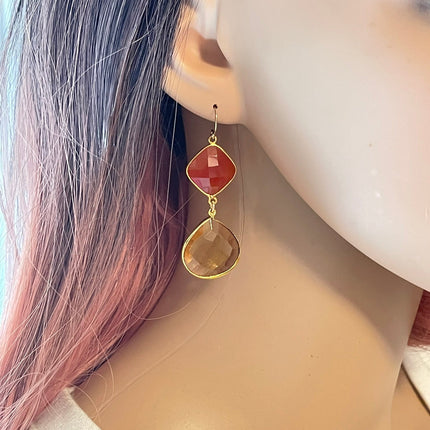 Carnelian & Amber Topaz Drop Earrings – 14k Gold Filled, Sunset Ombre, 2”