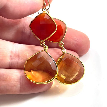Carnelian & Amber Topaz Drop Earrings – 14k Gold Filled, Sunset Ombre, 2”
