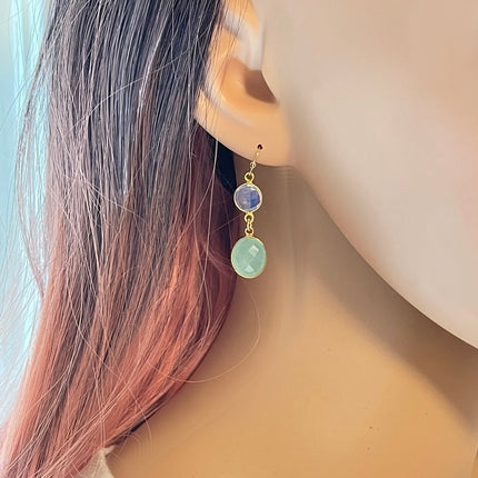 Opalite & Aqua Chalcedony Drop Earrings – 14k Gold Filled, 1.5”