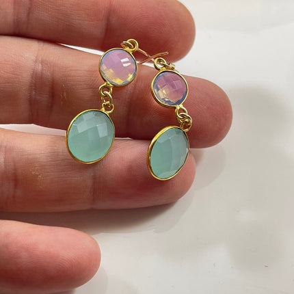 Opalite & Aqua Chalcedony Drop Earrings – 14k Gold Filled, 1.5”