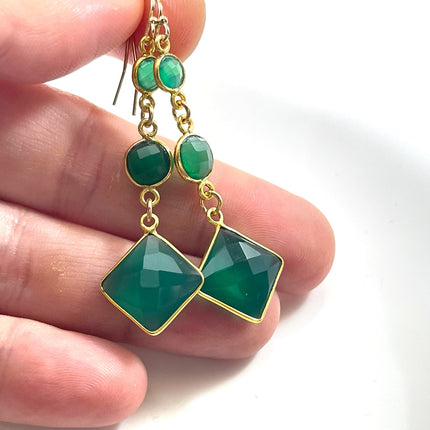 Green Onyx Triple Drop Earrings – 14k Gold Filled, 2.25” Elegant Gemstone Dangles