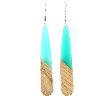 Upcycled Wood & Aqua Resin Drop Earrings – Sterling Silver, 2” Eco Minimalist