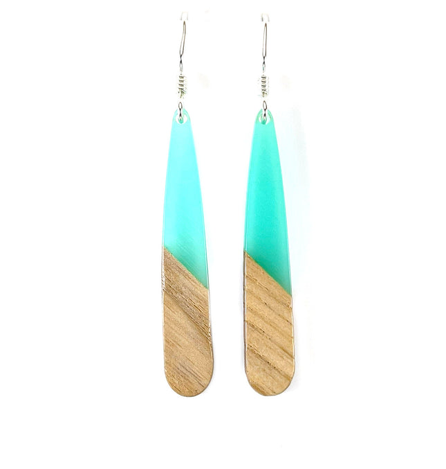 Upcycled Wood & Aqua Resin Drop Earrings – Sterling Silver, 2” Eco Minimalist