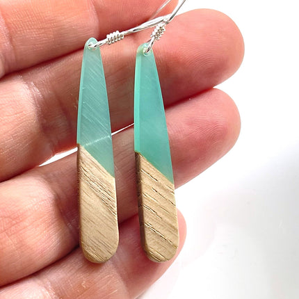 Upcycled Wood & Aqua Resin Drop Earrings – Sterling Silver, 2” Eco Minimalist