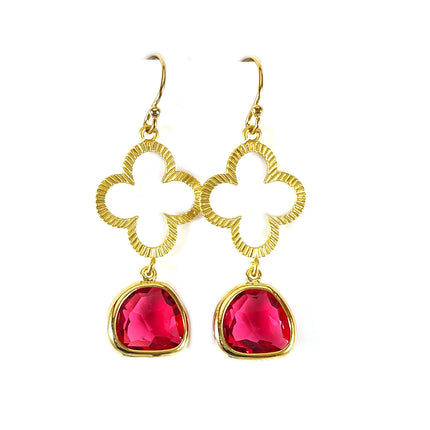 Open Clover & Ruby Red Glass Drop Earrings – 14k Gold Filled, 1.5” Statement Dangles