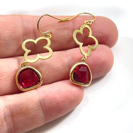 Open Clover & Ruby Red Glass Drop Earrings – 14k Gold Filled, 1.5” Statement Dangles