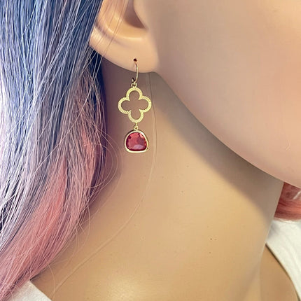 Open Clover & Ruby Red Glass Drop Earrings – 14k Gold Filled, 1.5” Statement Dangles