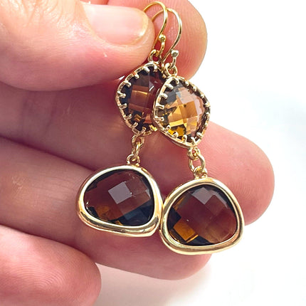 Faceted Topaz Glass Drop Earrings – 14k Gold Filled, 1.5” Vintage-Inspired Dangles
