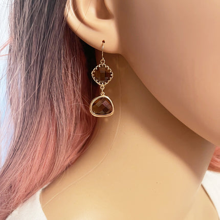 Faceted Topaz Glass Drop Earrings – 14k Gold Filled, 1.5” Vintage-Inspired Dangles