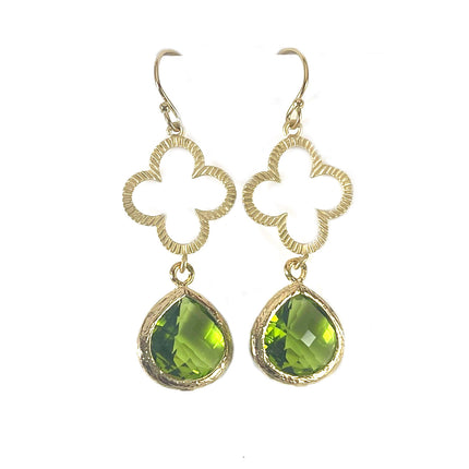 Olivine Glass & Gold Clover Drop Earrings – 14k Gold Filled, 1.75” Dangle