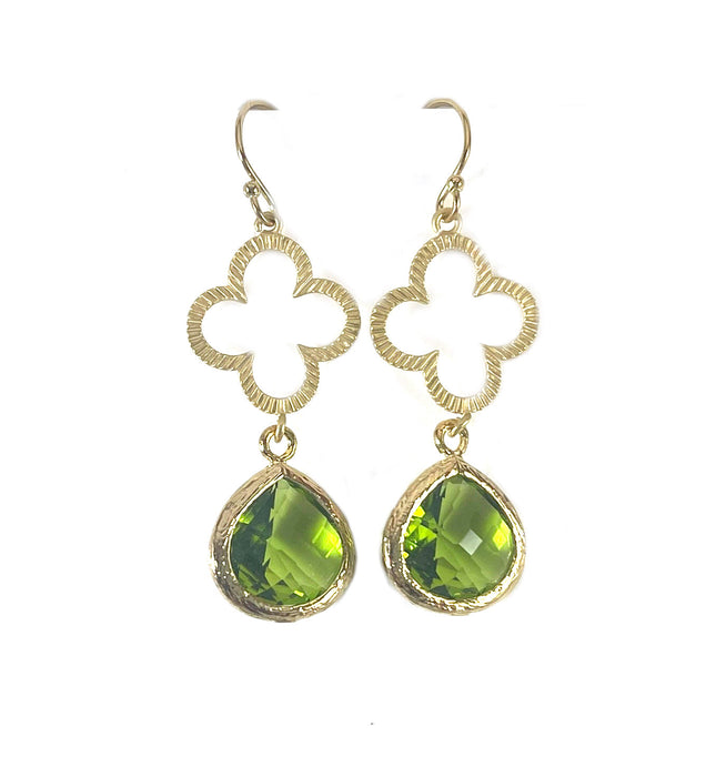 Olivine Glass & Gold Clover Drop Earrings – 14k Gold Filled, 1.75” Dangle