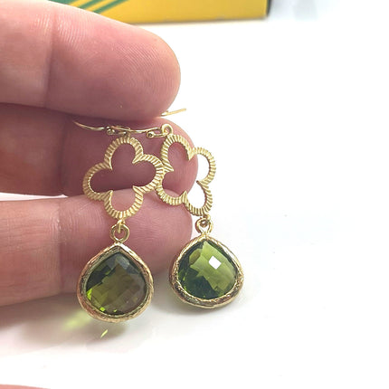 Olivine Glass & Gold Clover Drop Earrings – 14k Gold Filled, 1.75” Dangle