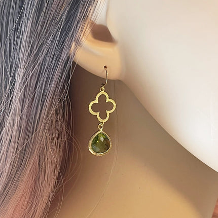 Olivine Glass & Gold Clover Drop Earrings – 14k Gold Filled, 1.75” Dangle