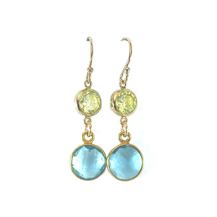 Aqua Hydro Quartz & Peridot Crystal Drop Earrings – 14k Gold Filled, Dainty 1.25”