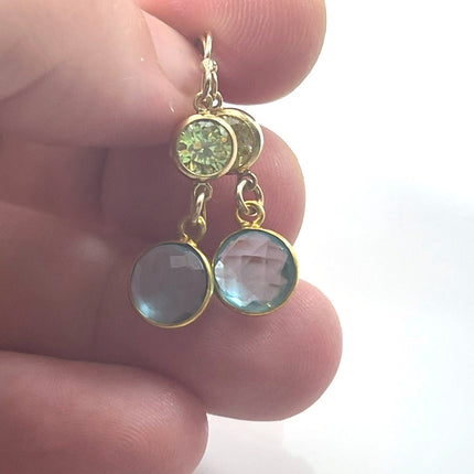 Aqua Hydro Quartz & Peridot Crystal Drop Earrings – 14k Gold Filled, Dainty 1.25”