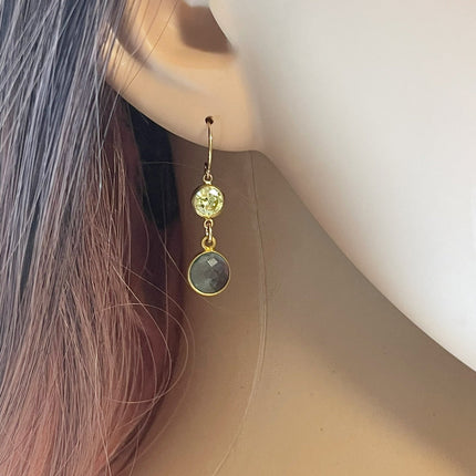 Aqua Hydro Quartz & Peridot Crystal Drop Earrings – 14k Gold Filled, Dainty 1.25”