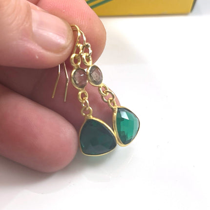Smoky Quartz & Emerald Hydro Quartz Drop Earrings – 14k Gold Filled, 1.25”