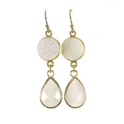 White Druzy & Glass Drop Earrings – 14k Gold Filled, 1.75” Sparkling Dangles