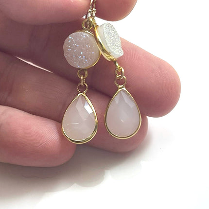 White Druzy & Glass Drop Earrings – 14k Gold Filled, 1.75” Sparkling Dangles