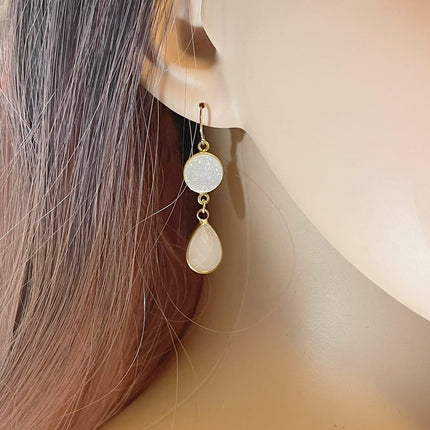 White Druzy & Glass Drop Earrings – 14k Gold Filled, 1.75” Sparkling Dangles