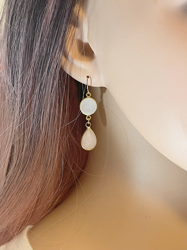 White Druzy & Glass Drop Earrings – 14k Gold Filled, 1.75” Sparkling Dangles