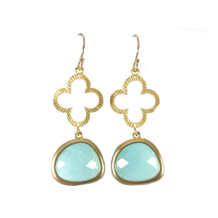 Gold Clover & Aqua Glass Drop Earrings – 14k Gold Filled Earwires, 1.5”