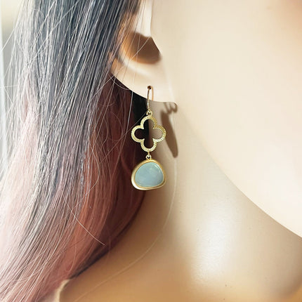 Gold Clover & Aqua Glass Drop Earrings – 14k Gold Filled Earwires, 1.5”