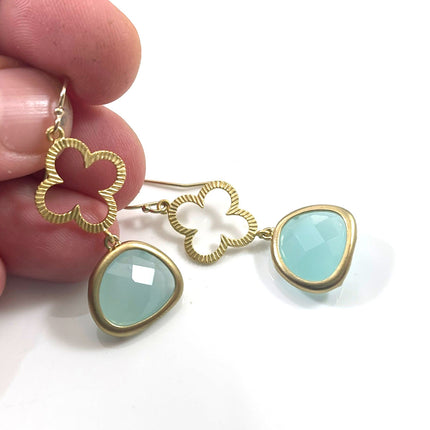 Gold Clover & Aqua Glass Drop Earrings – 14k Gold Filled Earwires, 1.5”