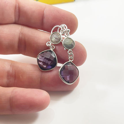 Amethyst & Labradorite Drop Earrings – Sterling Silver, 1.5”