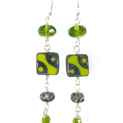 Funky Upcycled Czech Glass & Green Crystal Earrings – Sterling Silver, 2.25”