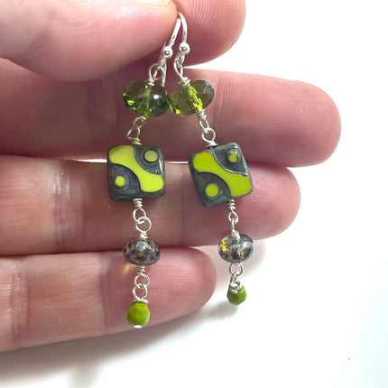 Funky Upcycled Czech Glass & Green Crystal Earrings – Sterling Silver, 2.25”