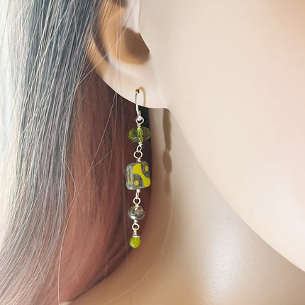 Funky Upcycled Czech Glass & Green Crystal Earrings – Sterling Silver, 2.25”