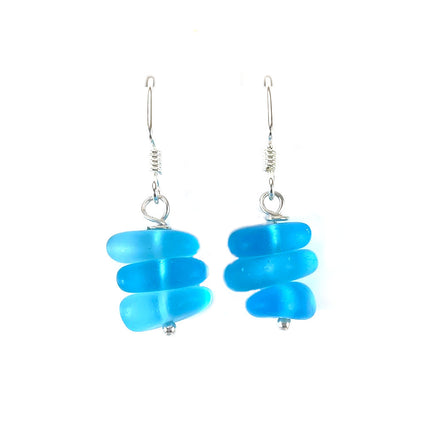 Aqua Blue Sea Glass Trio Stack Earrings – Sterling Silver, 1.25”
