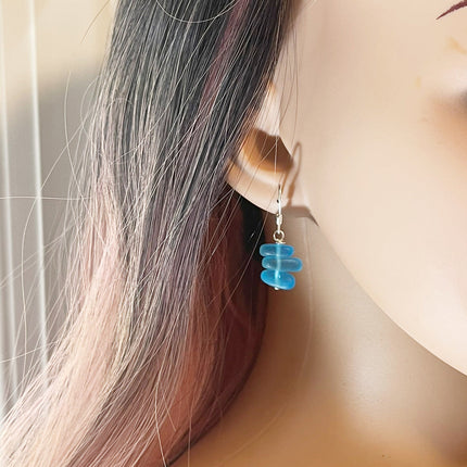Aqua Blue Sea Glass Trio Stack Earrings – Sterling Silver, 1.25”
