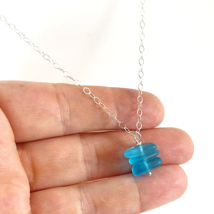 Aqua Sea Glass Trio Stack Necklace – Sterling Silver, 18”