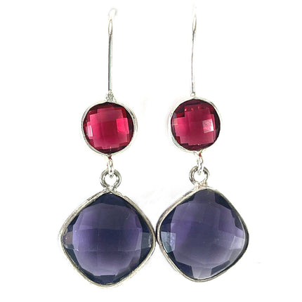 Ruby & Amethyst Hydro Quartz Drop Earrings – Sterling Silver, 1.5”