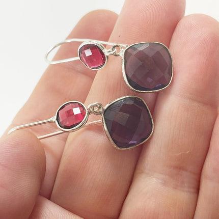 Ruby & Amethyst Hydro Quartz Drop Earrings – Sterling Silver, 1.5”