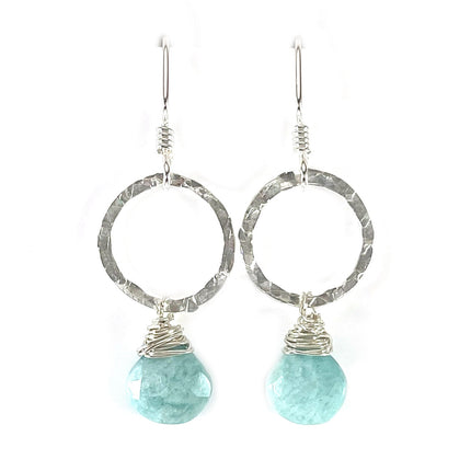 Hammered Sterling Circle & Amazonite Gemstone Earrings – 1.5”