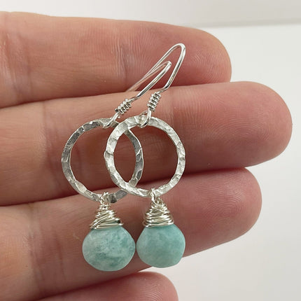 Hammered Sterling Circle & Amazonite Gemstone Earrings – 1.5”
