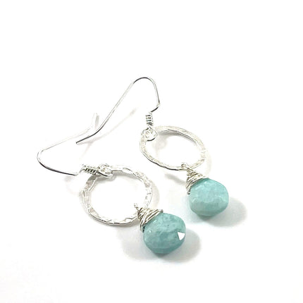 Hammered Sterling Circle & Amazonite Gemstone Earrings – 1.5”