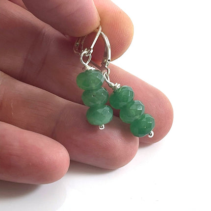 Green Jade Trio Drop Earrings – Sterling Silver Leverbacks, 1.5”