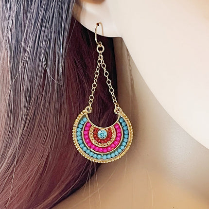 Boho Bright Beaded Half-Moon Earrings – Gold Filled Chain & Ear Wires